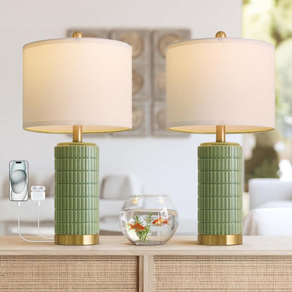 PoKat 20.75" Small Modern Ceramic Table Lamps Set of 2 for Bedroom, White Bedside Lamps for Night Stands, Farmhouse Desk Home Decor Gift Nightstand Table Lamps for Living Room End Table Beige