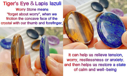 2PCS Worry Stone for Anxiety Tigers Eye Amethyst Healing Crystals Hand Thumb Stones Pocket Gemstones Meditation Accessories Oval Crystal Natural Relax Palm Stone Anxiety Relief Items Stocking Stuffers