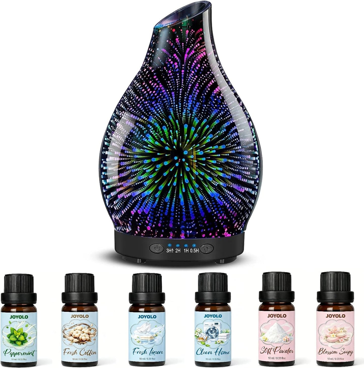 120ML Essential Oil Diffuser, 3D Glass Aromatherapy Diffuser with Auto Shut-Off and 7 Color LED Lights, Ultrasonic Mist Humidifier with 4 Timer for Home Office Bedroom (3D Fireworks)