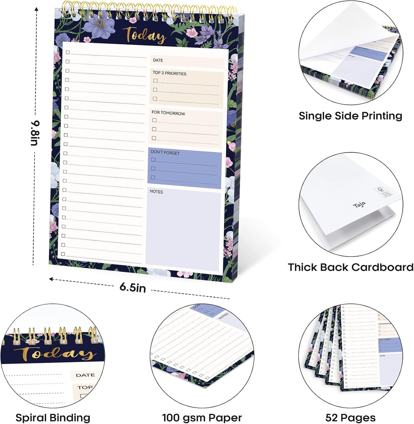 Taja To Do List Notepad - To Do List Notebook for Work with 52 Sheets, 9.8" x 6.5", Undated Daily Planner Perfect for Daily Tasks and Goal Setting, Notepad Suitable for Office, Home & School - Violet Dream