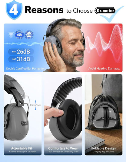 Dr.meter Ear Protection Ear Muffs, Noise Cancelling Headphones for Adults Kids 31dB Earmuffs for Noise Reduction, Hearing Protection for Shooting Gun Range, Mowing, Monster Jam, Sensory, Fireworks