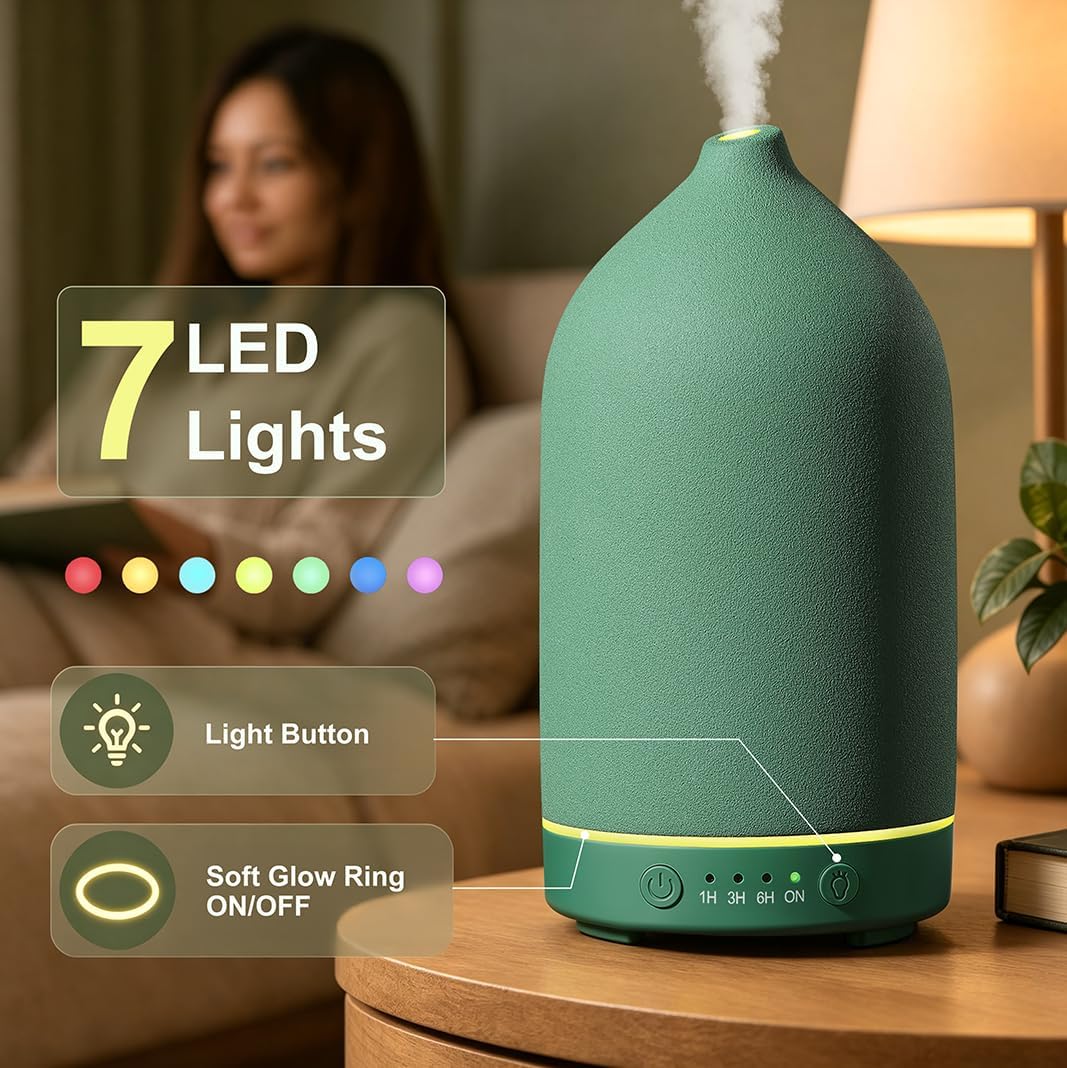 Gooamp 200ML Ceramic Essential Oil Diffuser for Home - Ultrasonic Aromatherapy Diffuser Humidifier with 7 Color LED Lights, Auto Shut-Off, 3 Timers for Bedroom, Office, Yoga, Black