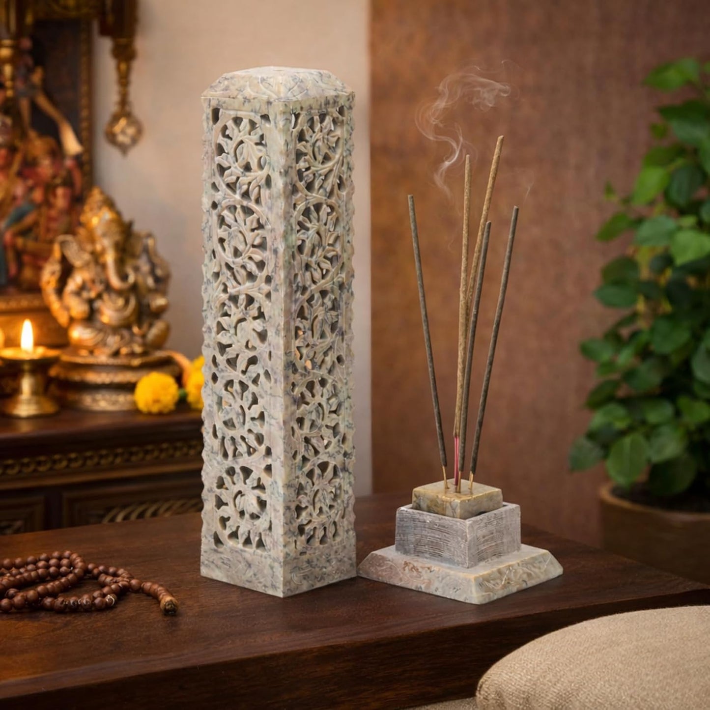 Carry Me Handmade Marble Soapstone Incense Stick Burner | Candle Stick Holder, Tea Light Stand, 3 x 3 x 11 Inches, Decorative Home and Kitchen Decor, Perfect for Gifting