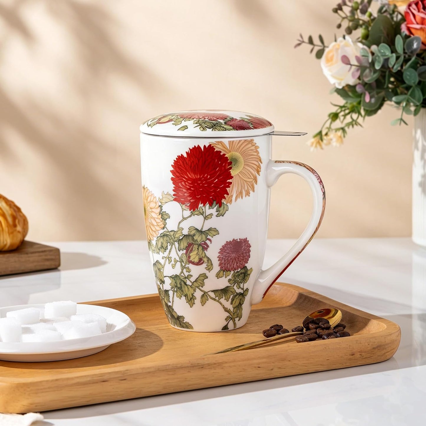 AmorArc 18oz Porcelain Tea Mug with Infuser & Lid, Loose Leaf Tea Cup with Stainless Steel Strainer, Large Coffee Mug Gift for Women, Tea Lovers, Home & Office