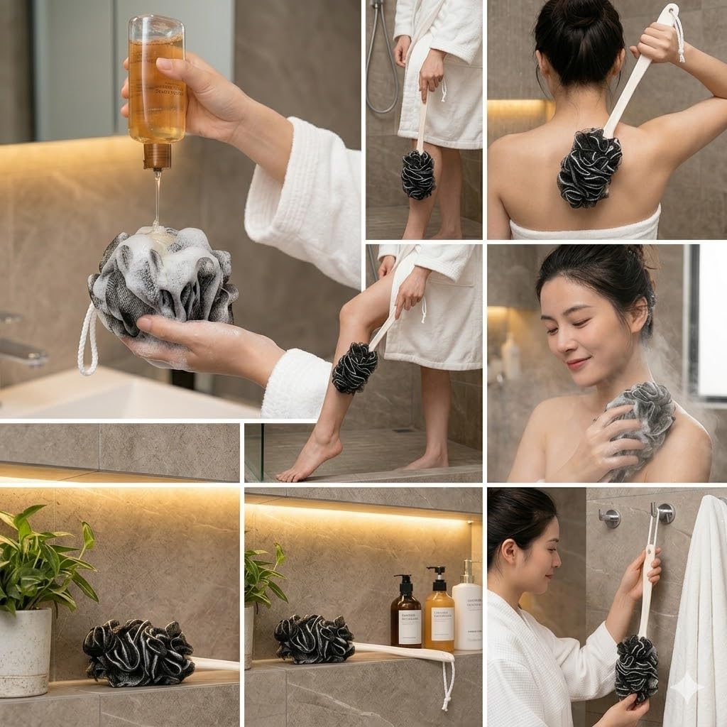 Back Scrubber for Shower, Loofah Long Handle Bath Body Brush, Soft Nylon Mesh Sponge On a Stick for Shower Men Women Kids Elderly, Exfoliating Scrub Cleaning Luffa for All Kinds of Skin(Blue)