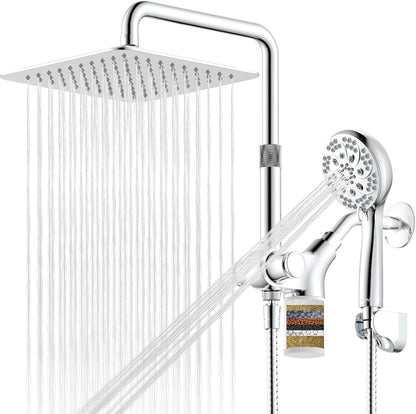 Ryamen Upgraded Dual Shower Heads Combo, 10 inch Filtered Shower Head with Handheld, 3-Way Rain Shower Head with Filters, 7 Settings Handheld Spray, High Pressure, Height Adjustable (Black)