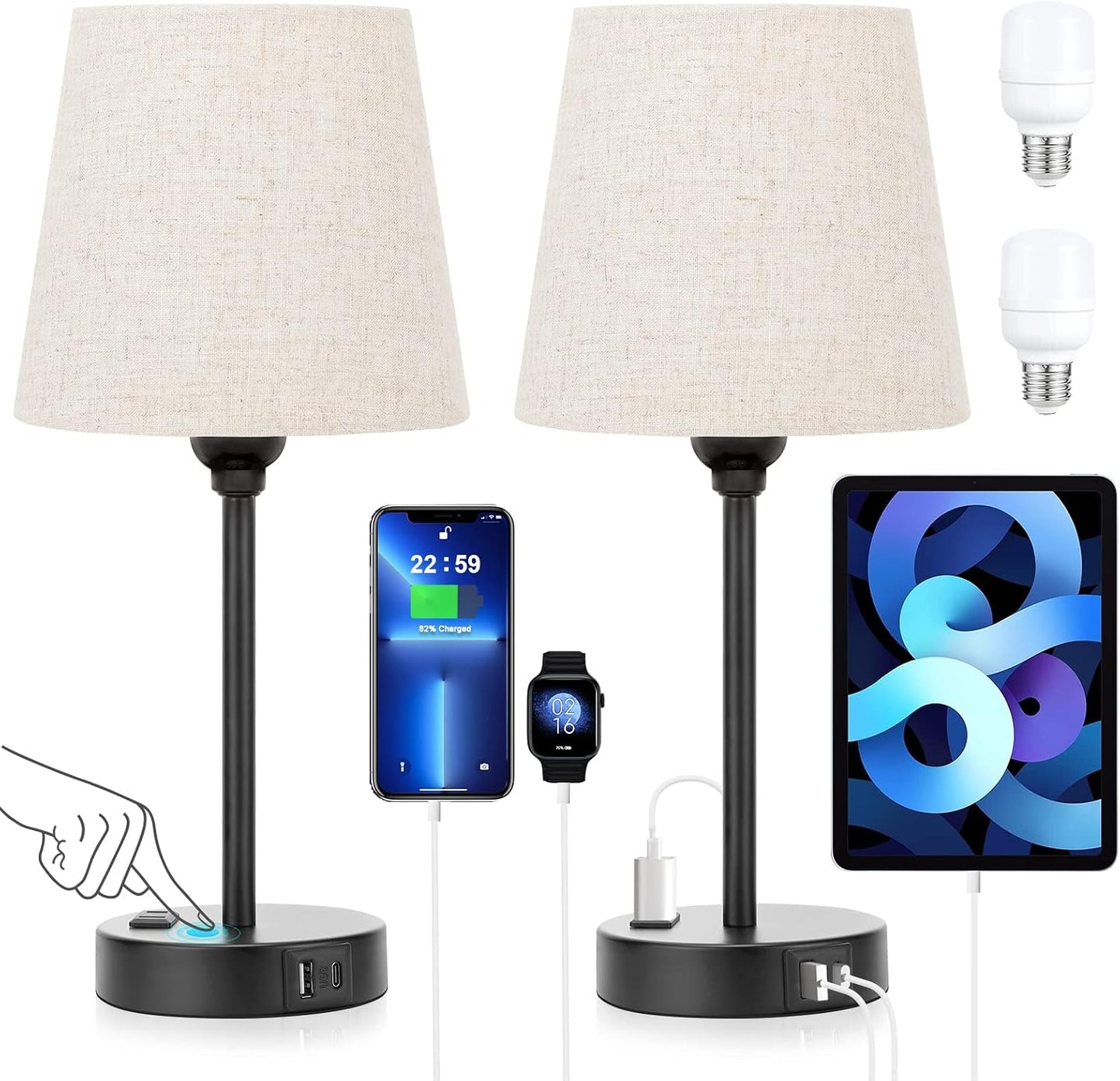 Mini Bedside Lamps for Bedrooms Set of 2 - Nightstand Bedroom Lamps with USB C Port and AC Outlet Charging, Dimmable Touch Small Bed Side Table Lamp, Black Night Stand Light for Kids/Guest Room