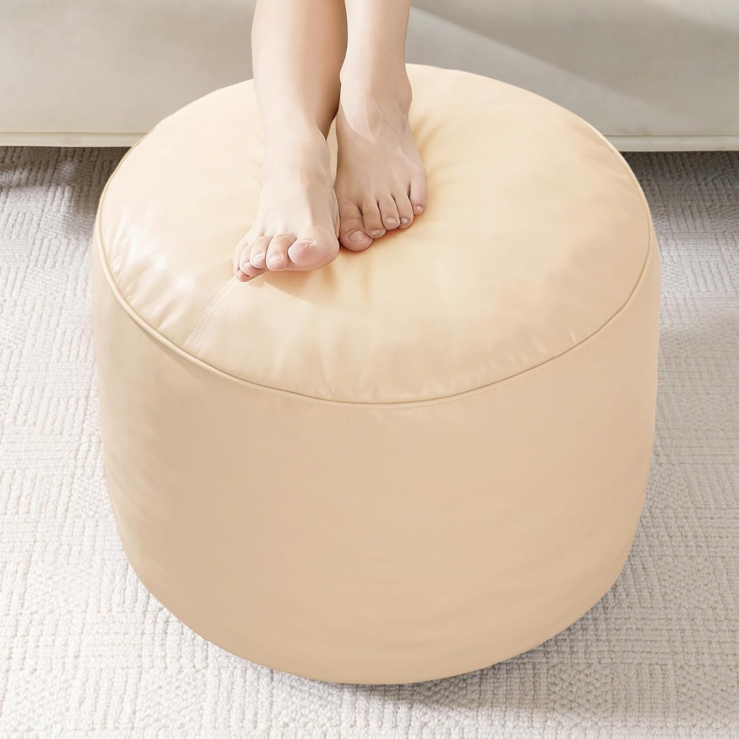 HIGOGOGO Round Stuffed Pouf Ottoman, Pu Leather Poufs with Foam Chunk Filling, Furry and Fluffy Pouf Foot Stool Storage Ottoman, 20 X 15 Floor Poufs Foot Rest for Living Room,Dark Brown