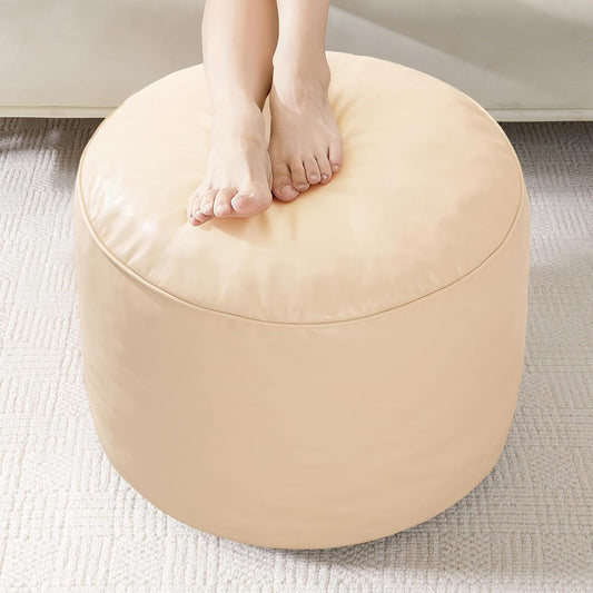 HIGOGOGO Round Stuffed Pouf Ottoman, Pu Leather Poufs with Foam Chunk Filling, Furry and Fluffy Pouf Foot Stool Storage Ottoman, 20 X 15 Floor Poufs Foot Rest for Living Room,Dark Brown