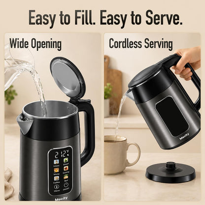 Mecity Electric Kettle 1.7L Touch Screen Temperature Control Water Boiler, No Plastic Contact with Water. 6 Preset Temperature Programs, 2 Hours Keep Warm, Auto Shut Off, Dark Grey