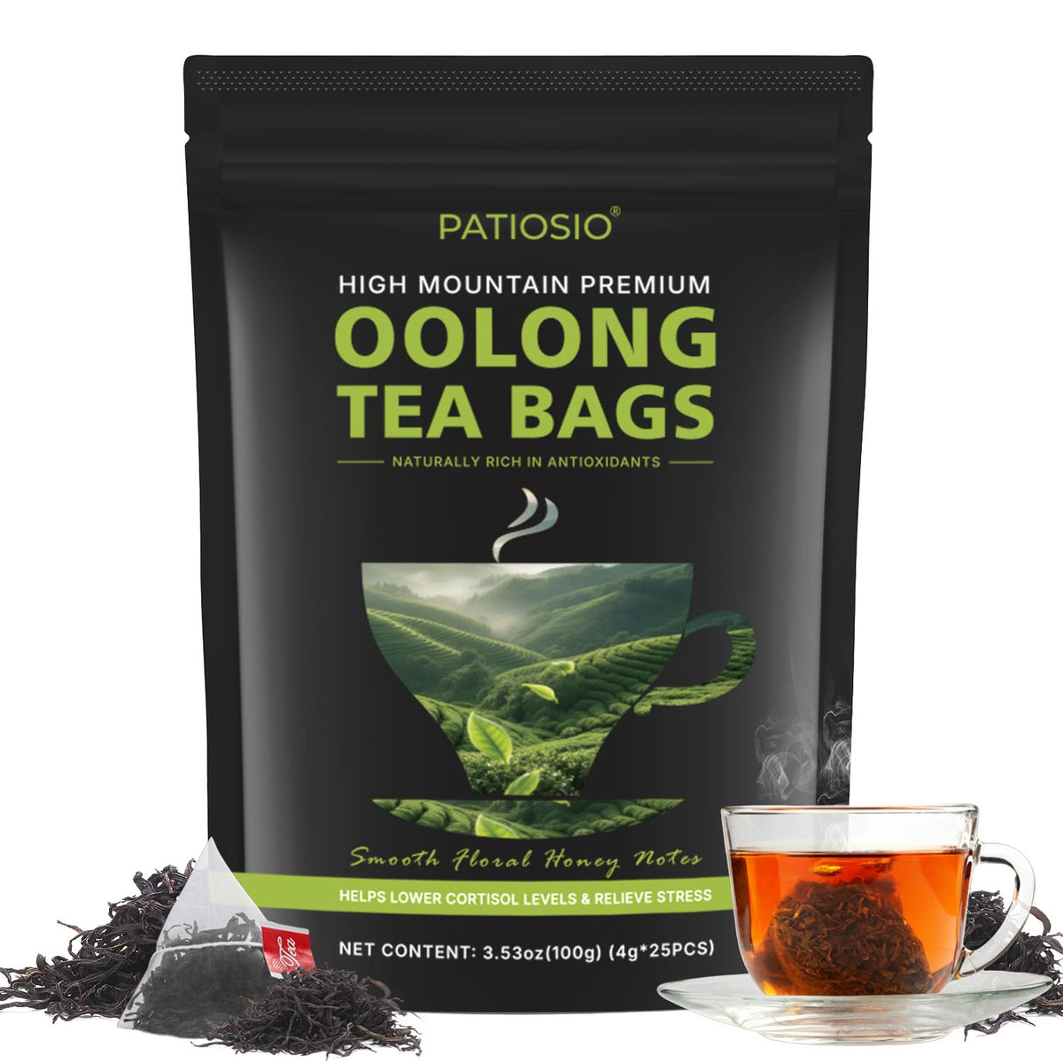 Oolong Tea Bags – Yunnan High-Mountain Oolong Whole Leaf Tea Bags,25 Bags (4g Each) –Cortisol & Calming Tea for Stress Relief,Digestion & Metabolism,Loose Leaf Oolong Tea, Smooth Aroma,Low-Astringency
