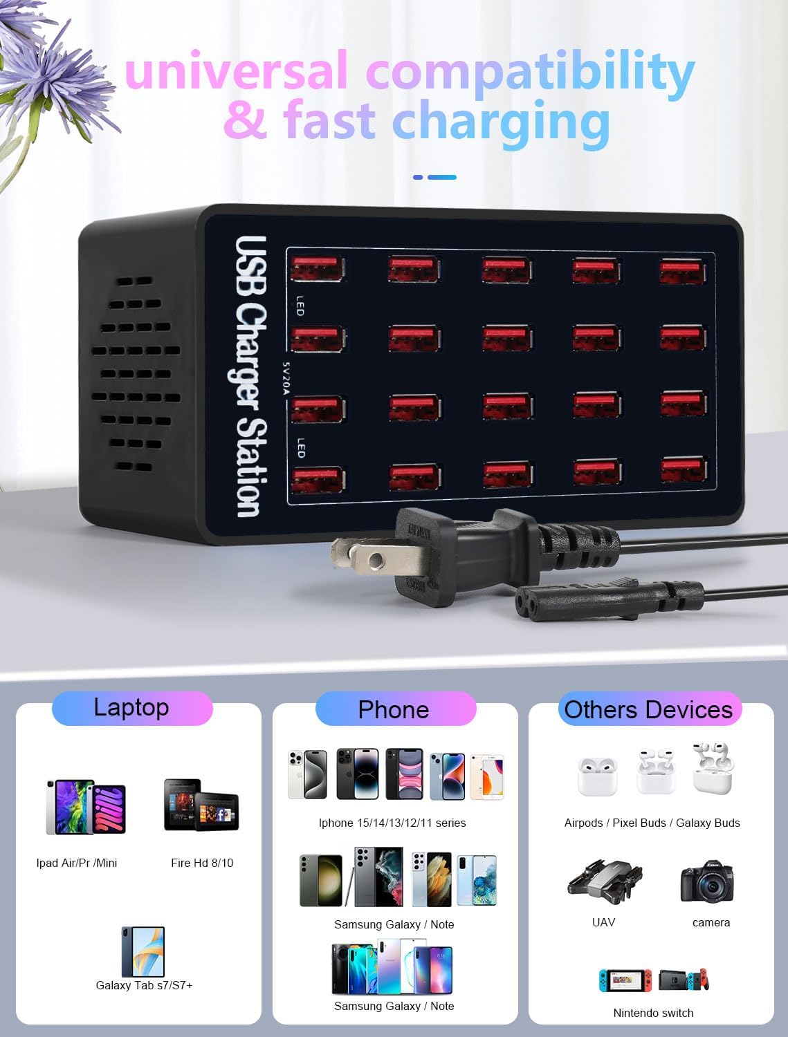 USB Charging Station,100W 20-Port Multi Smart Safety Fast Charger Station for Phone Tablet Watch Headphone PS, Compact Desktop Charger Home Office Travel
