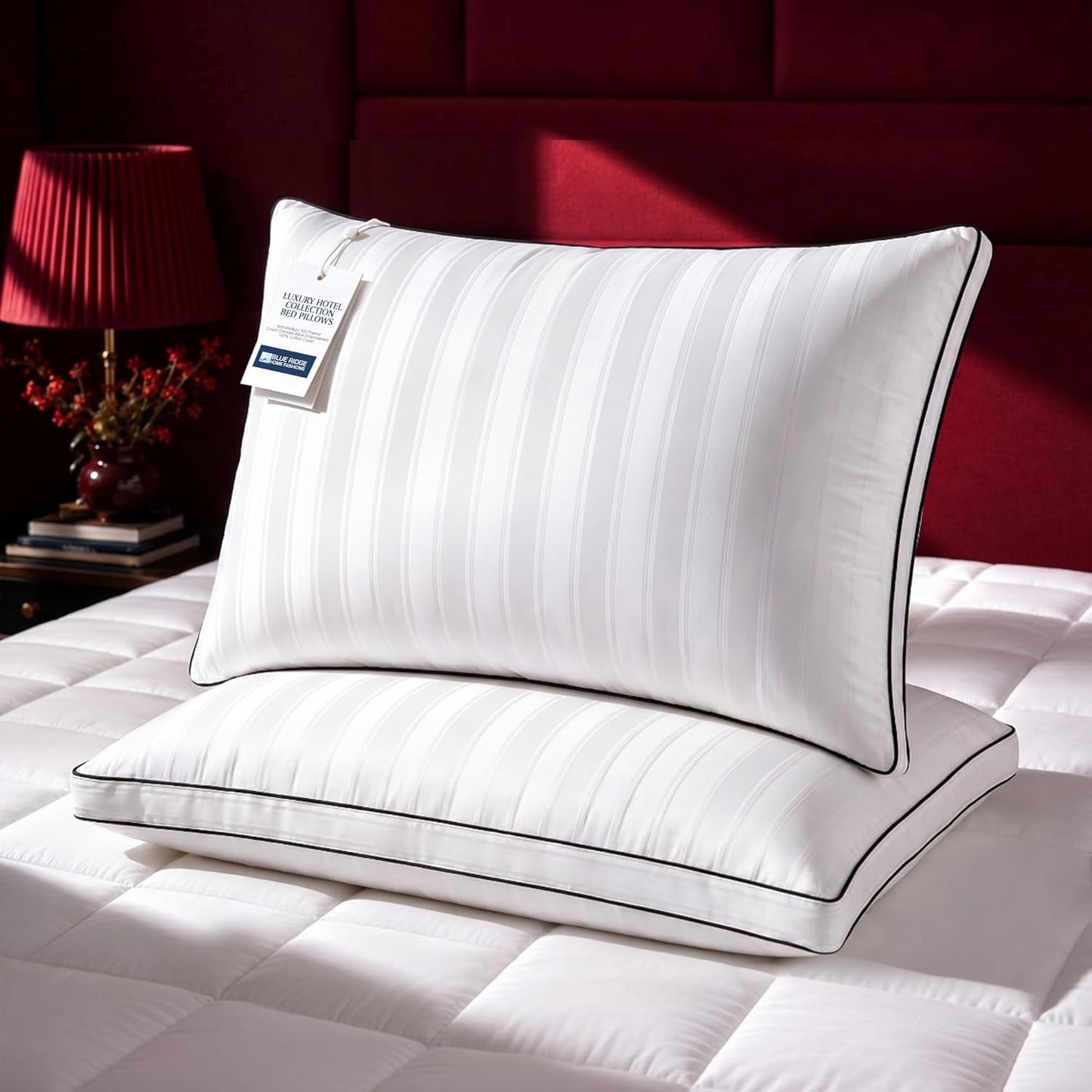Blue Ridge Home Fashions Luxury Hotel Quality Cooling Pillows Queen Size Set of 2, Soft Touch Firm Support 500 Thread Count Damask Stripe Embroidered 100% Cotton Cover, Down Alternative