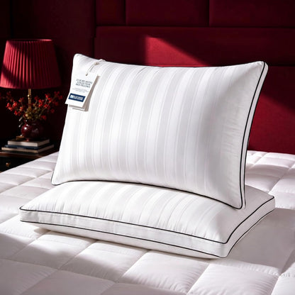 Blue Ridge Home Fashions Luxury Hotel Quality Cooling Pillows Queen Size Set of 2, Soft Touch Firm Support 500 Thread Count Damask Stripe Embroidered 100% Cotton Cover, Down Alternative
