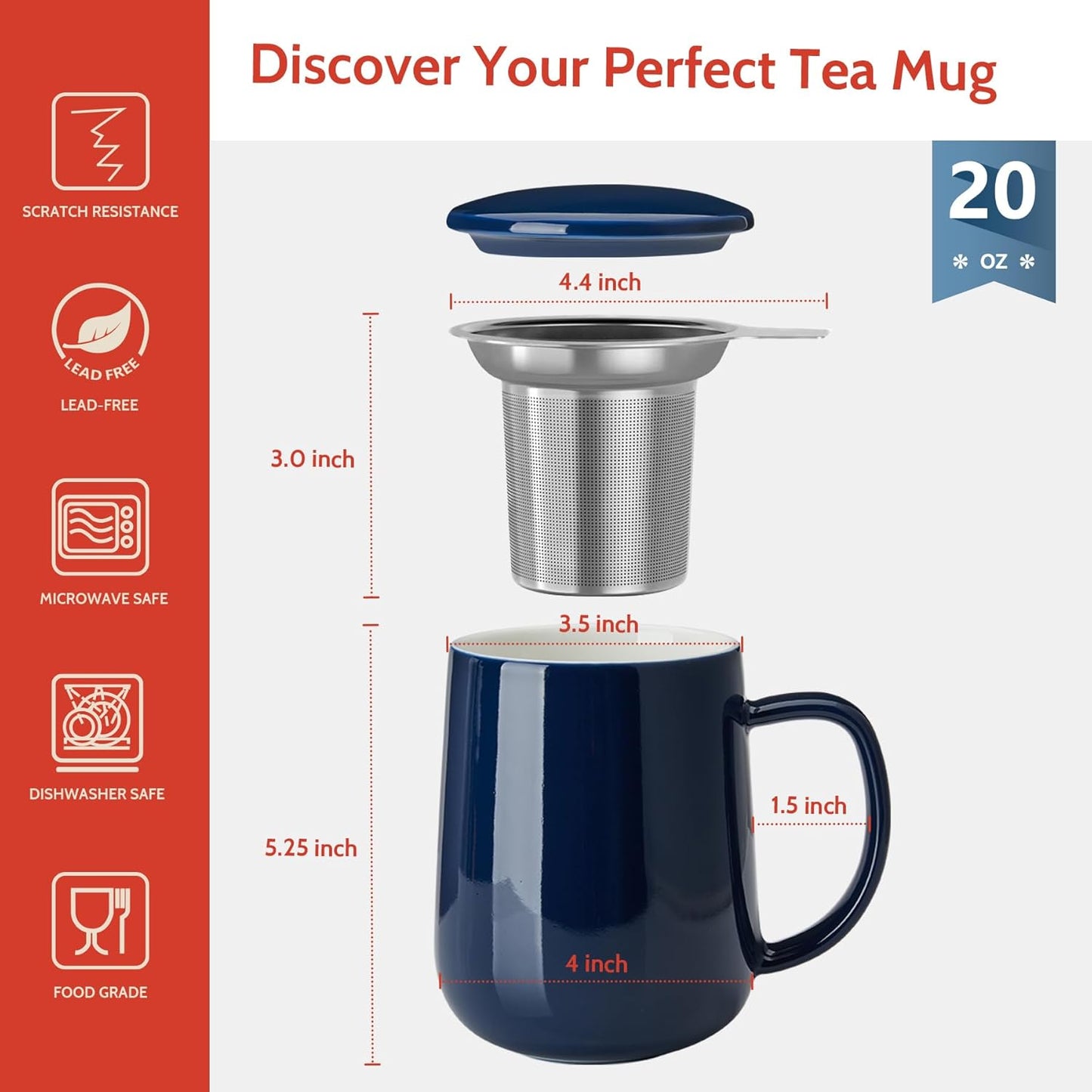 Sweese 20 OZ Porcelain Tea Mug with Infuser and Lid, Loose Leaf Tea Cup, Gifts for Tea Lover - Mint Green