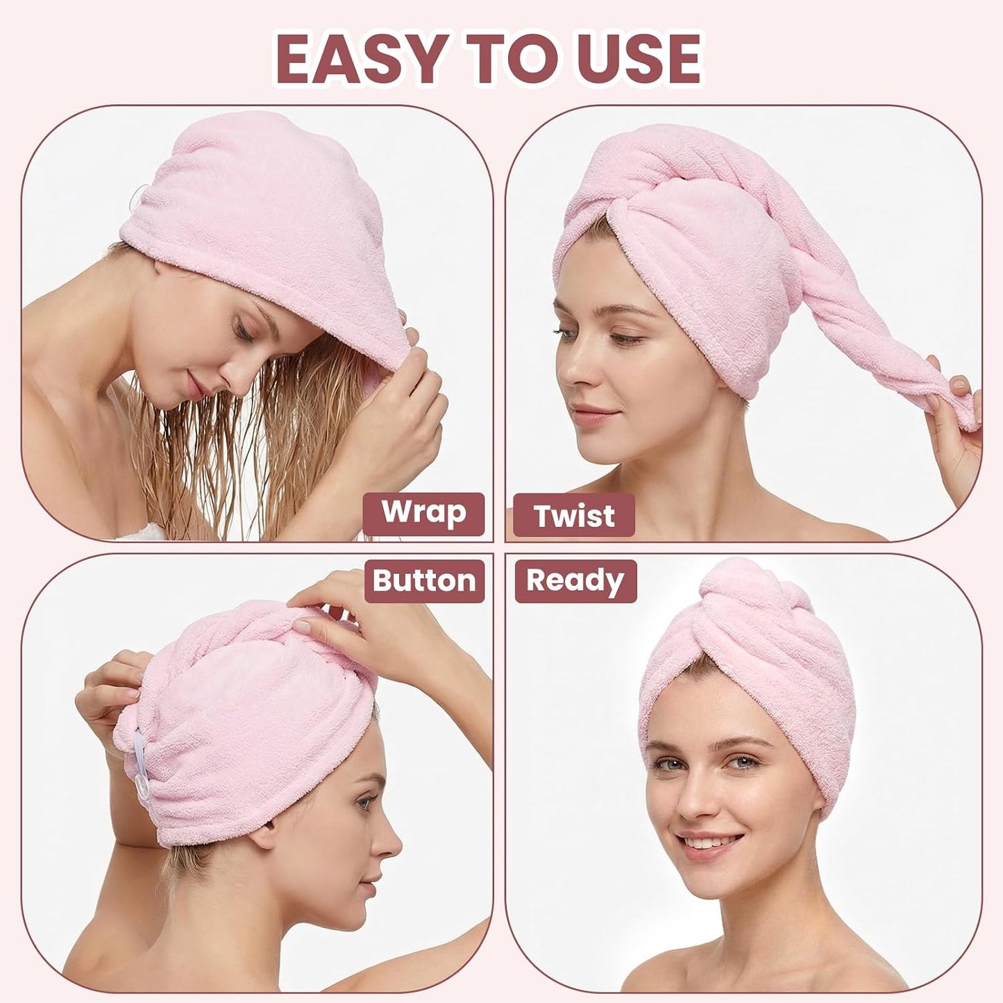 Mandydov 100% Cotton Hair Towel Wrap for Women, 2 Pack Thickened & Super Absorbent Turbans, Anti Frizz Quick Dry Hair Towels (Blue, Pink Blush)