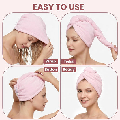 Mandydov 100% Cotton Hair Towel Wrap for Women, 2 Pack Thickened & Super Absorbent Turbans, Anti Frizz Quick Dry Hair Towels (Blue, Pink Blush)
