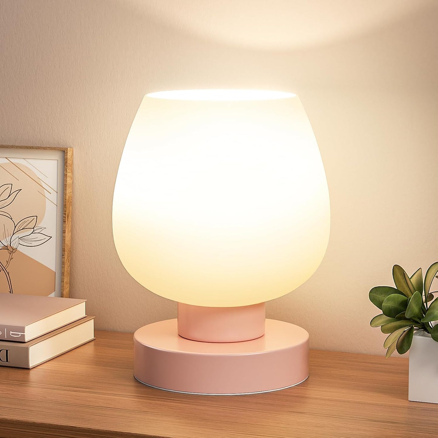 Seealle Touch Table Lamp for Nightstand - Small Bedside Lamp for Bedroom Living Room Night Stands, Desk Lamp with White Glass Shade for Small Spaces, 3 Way Dimmable, LED Bulbs, Gifts