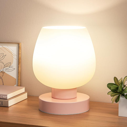 Seealle Touch Table Lamp for Nightstand - Small Bedside Lamp for Bedroom Living Room Night Stands, Desk Lamp with White Glass Shade for Small Spaces, 3 Way Dimmable, LED Bulbs, Gifts