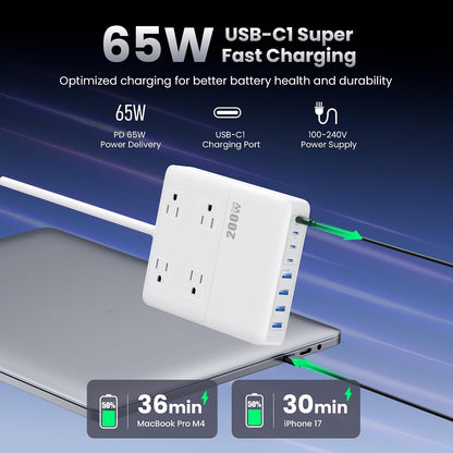 12-in-1 Charging Station USB C Power Strip with 5ft Cord and Plug,200W GaN IV USB C Charger Block,4 AC Outlets,8 USB for MacBook,iPhone 17/16/15,Fast Charging Desktop Charger for Office,Home