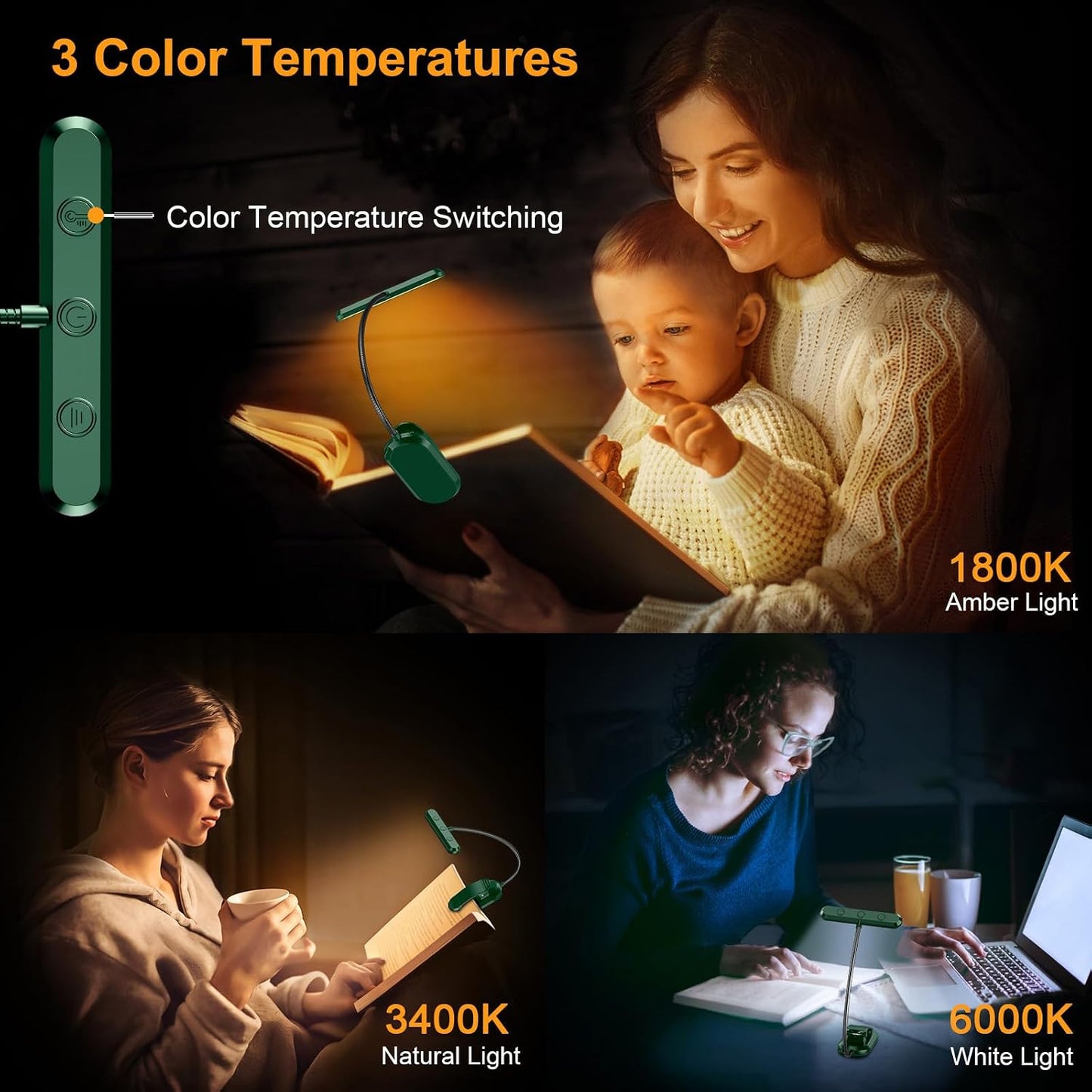 Gritin Rechargeable Book Light for Reading in Bed with 19 LED | Eye Caring 3 Color Temps,5 Brightness Levels,Memory Function,90 Hrs Runtime Flexible Goose Neck Clip on Light for Book Lovers