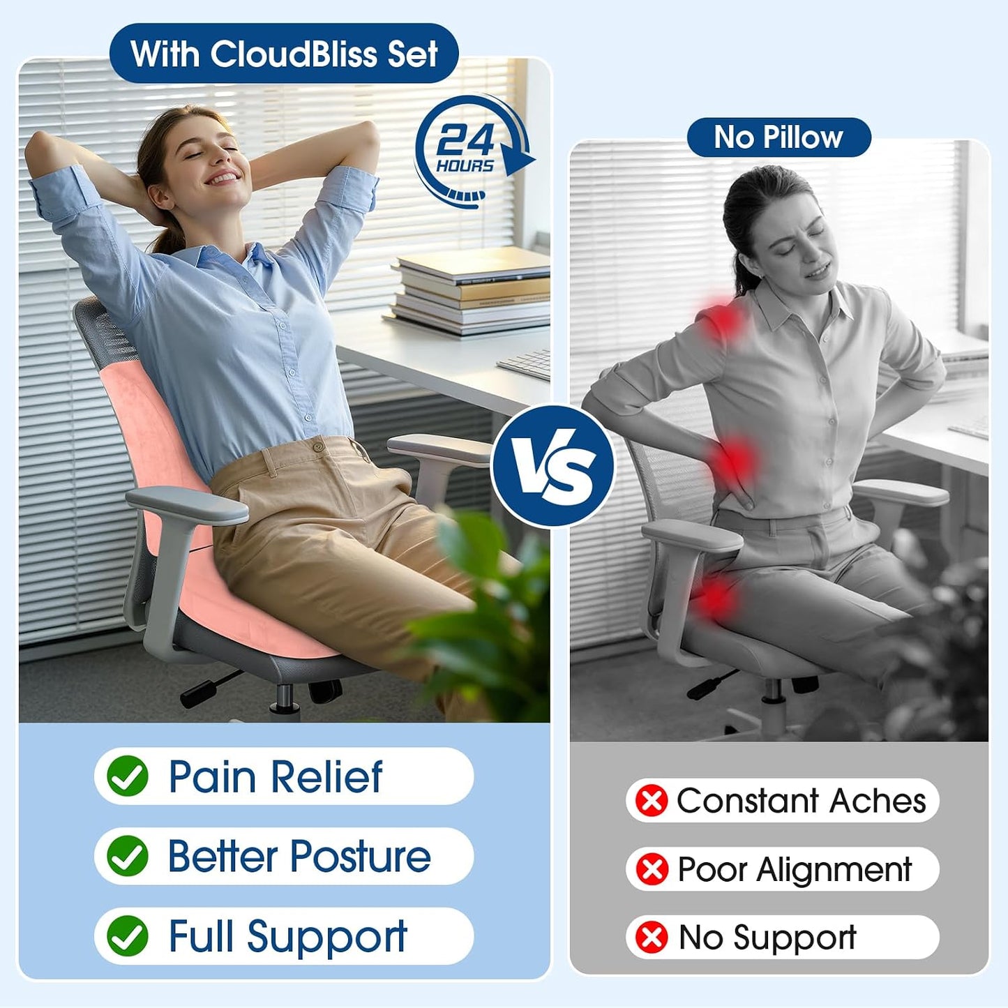 CloudBliss Lumbar Support Pillow & Seat Cushion Set for Office Chair, Desk Chair, Wheelchair & Car – Memory Foam Back Support, Ergonomic Chair Cushions, Sciatica Pain Relief, Home Essentials, Black