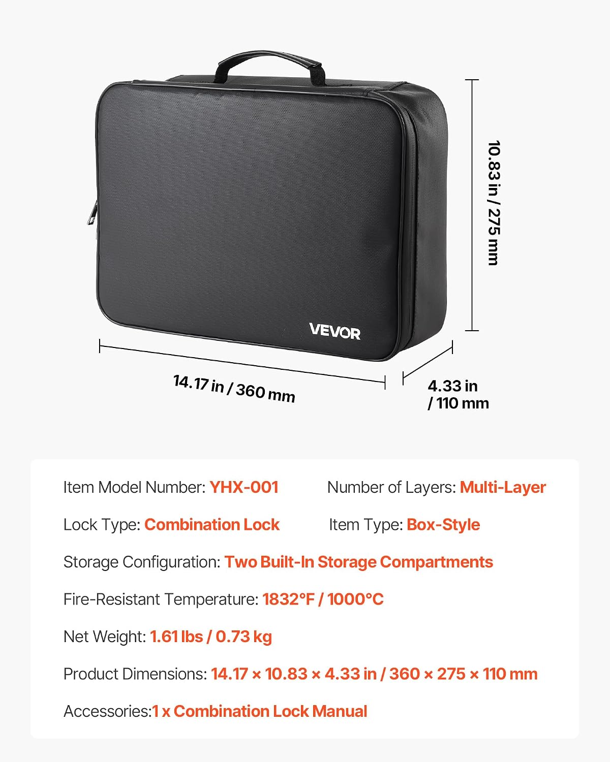 VEVOR Fireproof Document Bag, 1832 ℉ Heat Insulated Fireproof & Waterproof Bag, Portable Multi-Layer File Storage Security Organizer Home Office Travel Use, for Passports, Important Documents, Files