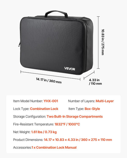 VEVOR Fireproof Document Bag, 1832 ℉ Heat Insulated Fireproof & Waterproof Bag, Portable Multi-Layer File Storage Security Organizer Home Office Travel Use, for Passports, Important Documents, Files