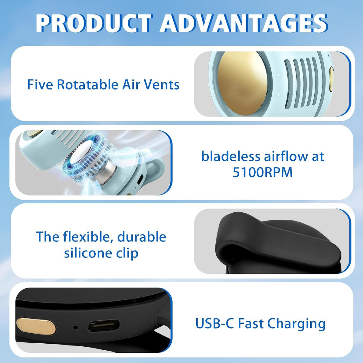 Portable Fan,Clip On Waist Bladeless, Ultra-Quiet Personal Mini Neck Fan