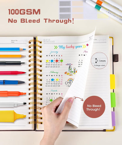 Hardcover Spiral Notebook journal with Removable Dividers Tabs, 300 Pages Leather 5 Subject Notebook College Ruled, 8"x10" Large B5 Notebooks for Work School Note taking, Lined Journal for Women,Black