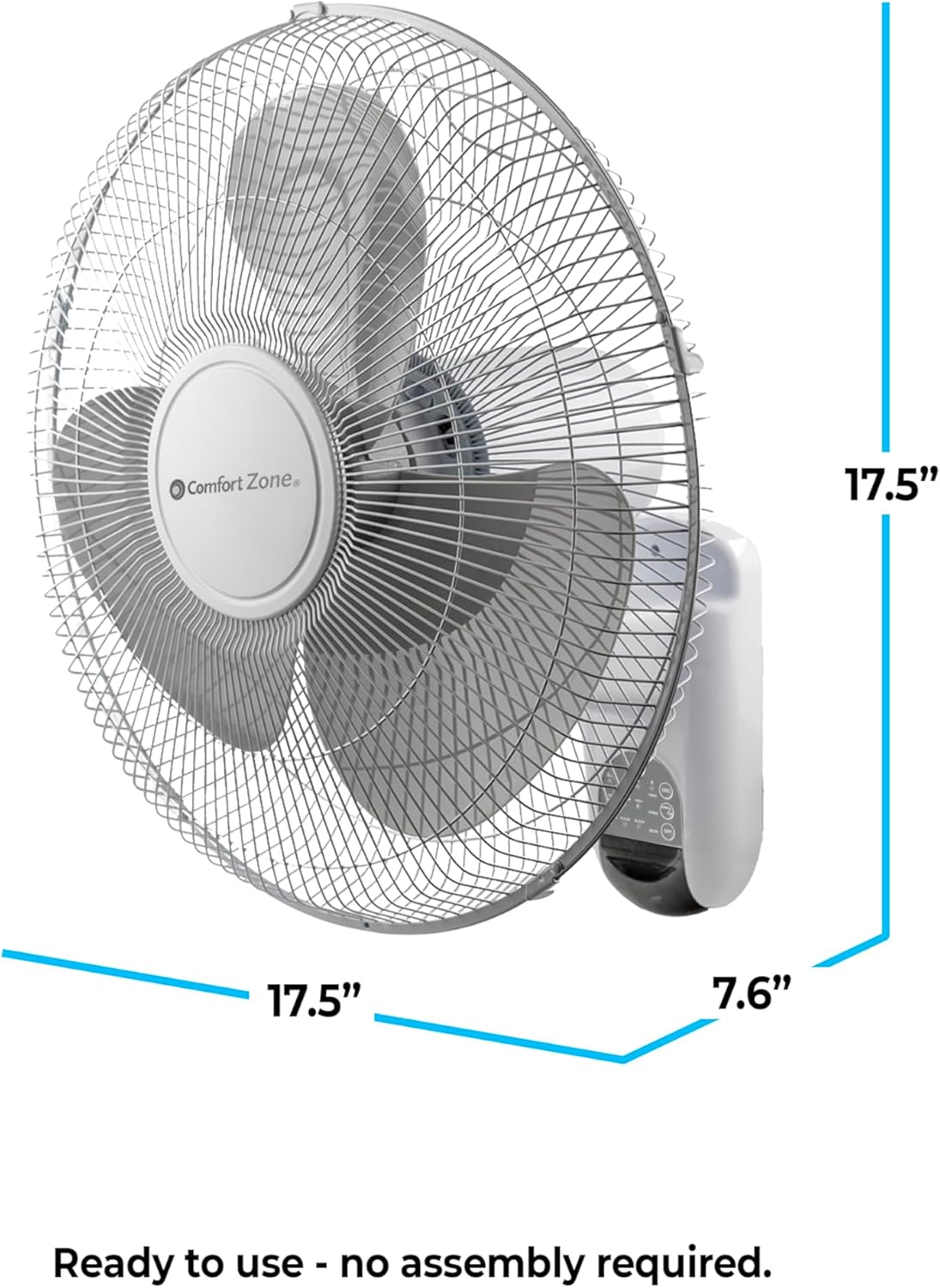 Comfort Zone 16-Inch Fan with Remote Control – Quiet 3-Speed Oscillating Indoor Fan with 90° Wide-Angle Airflow, Timer & Sleep Modes – Space-Saving Wall Fan for Bedroom, Home Gym & Office, White