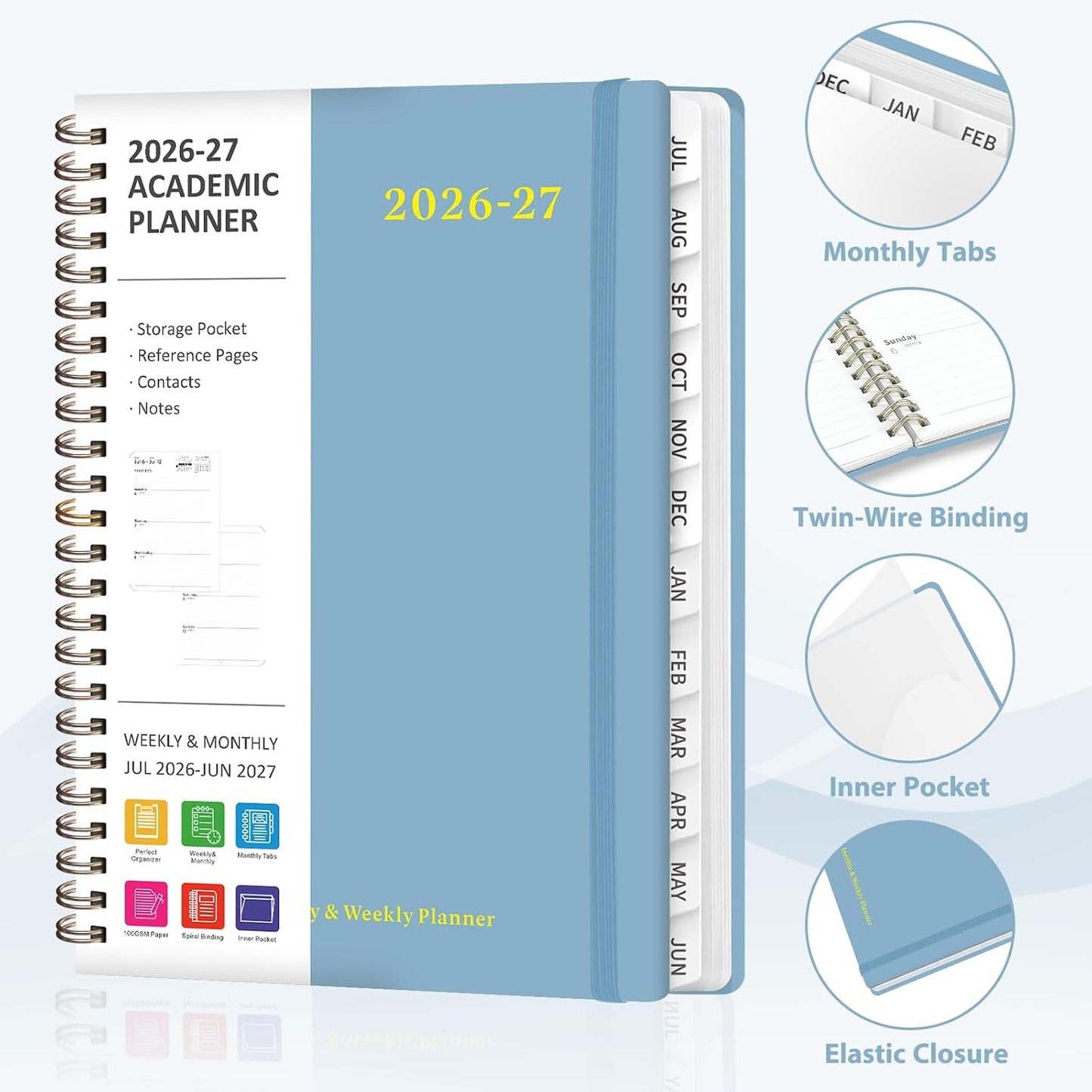 Planner 2026-2027, Weekly and Monthly Calendar Planner, JUL 2026 - JUN 2027 | Academic Year, Daily Agenda Book, A5(6.3'' x 8.5''), Sprial Bound, Inner Pocket, Office School Use