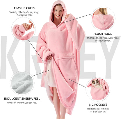 Krifey Wearable Blanket Hoodie, Oversized Sherpa Hooded Blanket for Adults | Soft sherpa fleece with sleeves and pocket; oversized fit for lounging, WFH, camping, Christmas and white elephant gifts.