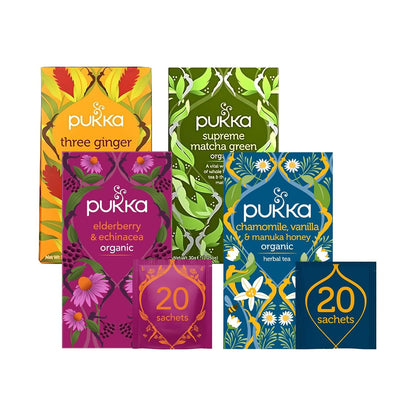 Pukka Tea Bags, Organic (Elderberry + Echinacea, Matcha Green,Chamomile Vanilla & Manuka Honey, & Three Ginger) (1ea) (Variety Pack)