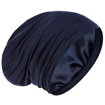Silk Satin Lined Bonnet Sleep Cap - Adjustable Stay on All Night Hair Wrap Cover Slouchy Beanie for Curly Protection Women and Men Solid Black