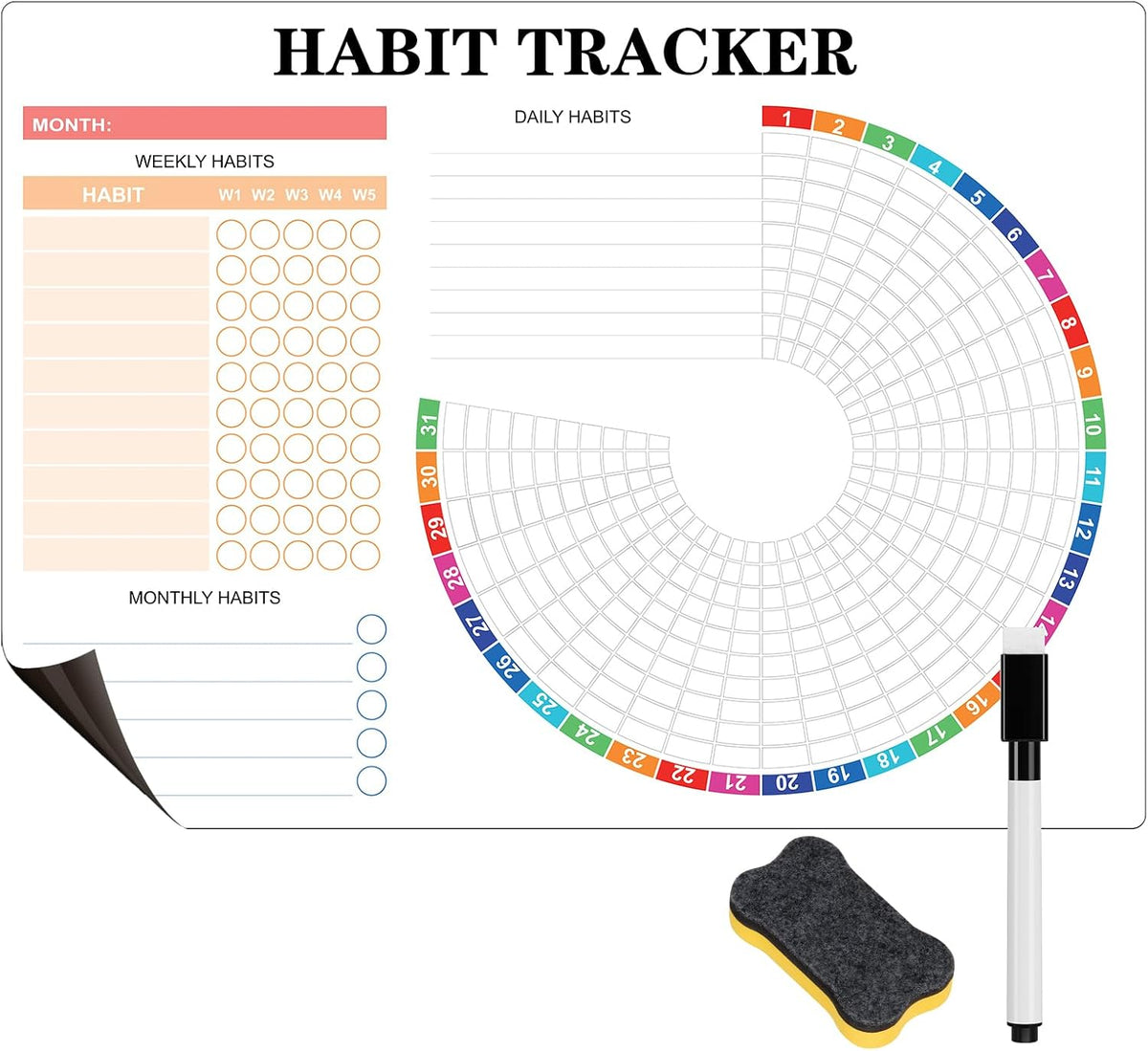 Habit Tracker Calendar Magnetic Whiteboard for Refrigerator Daily Weekly and Monthly Goal and Habit Tracker Motivational Goal & Planner Journal (Color)