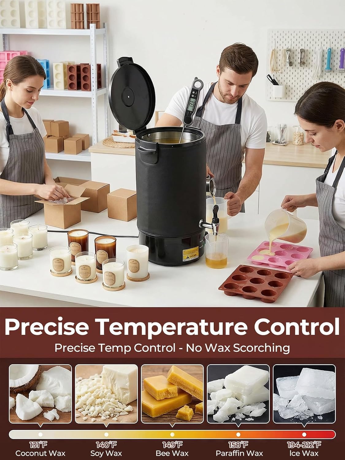 FOHERE 20lb Wax Melter for Candle Making, 9PCS Kit with Precision Temp Control (131-250°F) | Anti-Clog Spout, Scoop & Scraper Soy Beeswax Candle Maker Machine (Not for Gel Wax)