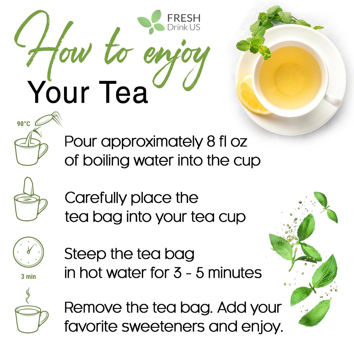 FreshDrinkUS, Premium 50 Spearmint Tea Bags, 100% Natural Spearmint Leaves. Loose Leaf Spearmint Herbal Tea. Spearmint Leaf Tea. No Sugar, No Caffeine, No Gluten, Vegan.