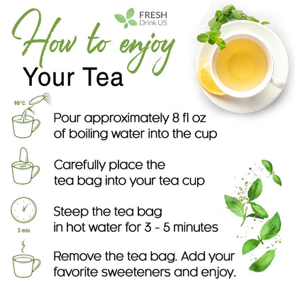 FreshDrinkUS, Premium 50 Spearmint Tea Bags, 100% Natural Spearmint Leaves. Loose Leaf Spearmint Herbal Tea. Spearmint Leaf Tea. No Sugar, No Caffeine, No Gluten, Vegan.
