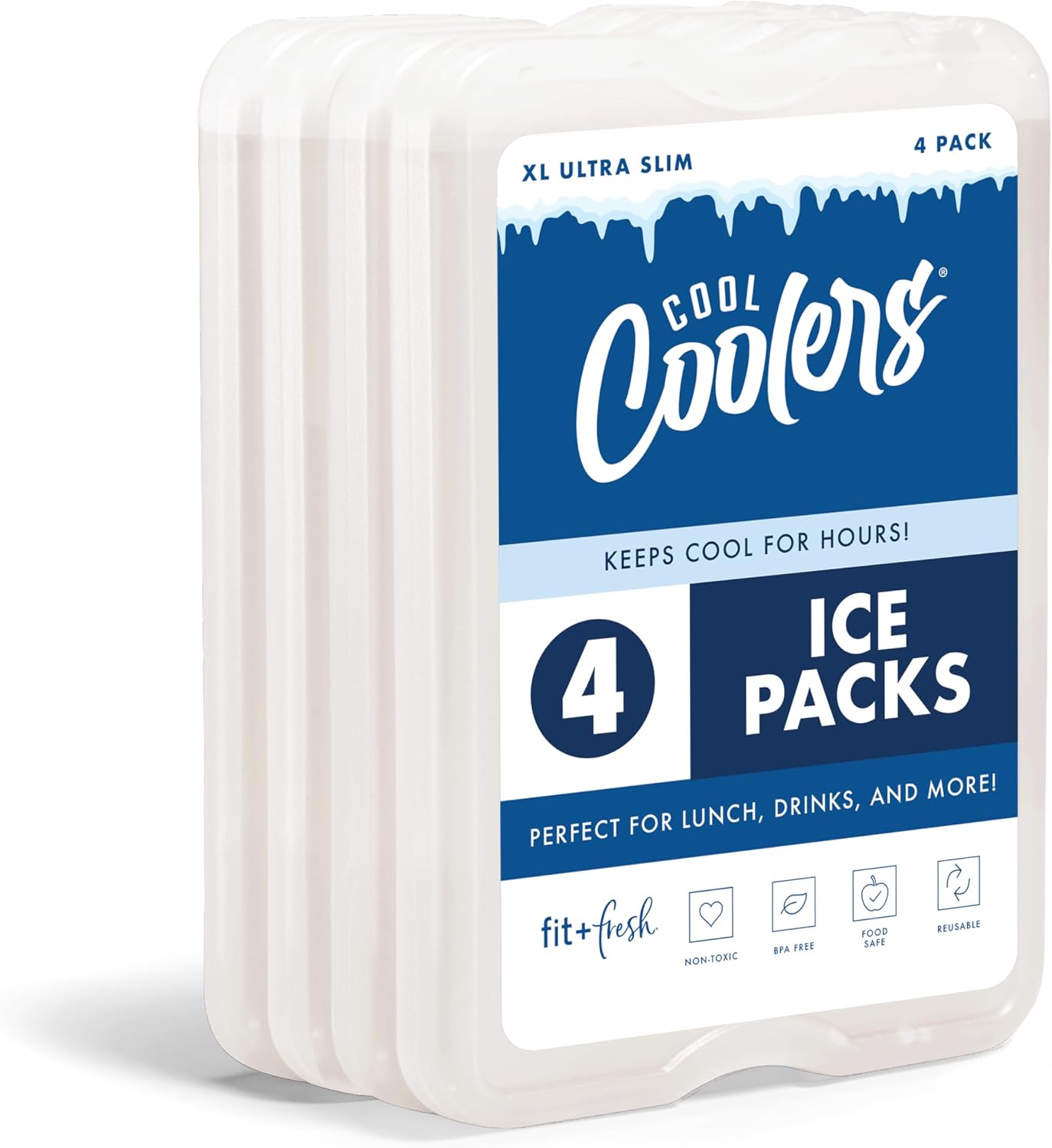 Cool Coolers by Fit & Fresh 4 Pack XL Slim Ice Packs, Quick Freeze Space Saving Reusable Ice Packs for Lunch Boxes or Coolers