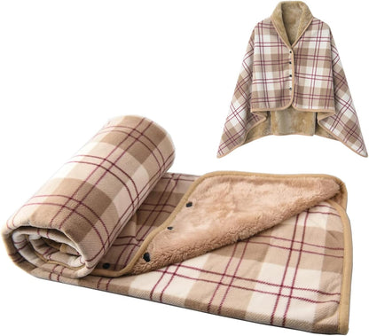 forestfish Fleece Wearable Blanket, Plaid Lap Blanket Comfy Poncho Throw with Buttons for Bed Sofa Office, Grey-White