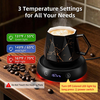 Coffee Mug Warmer Set, Smart Heated Electric Cup Warmer for Desk Office with 8H Auto Off, 1-9H Delay Startup & Shutoff Timer, 3 Temperature Control Coffee Tea Beverage Warmer, Ideal Gifts for Man