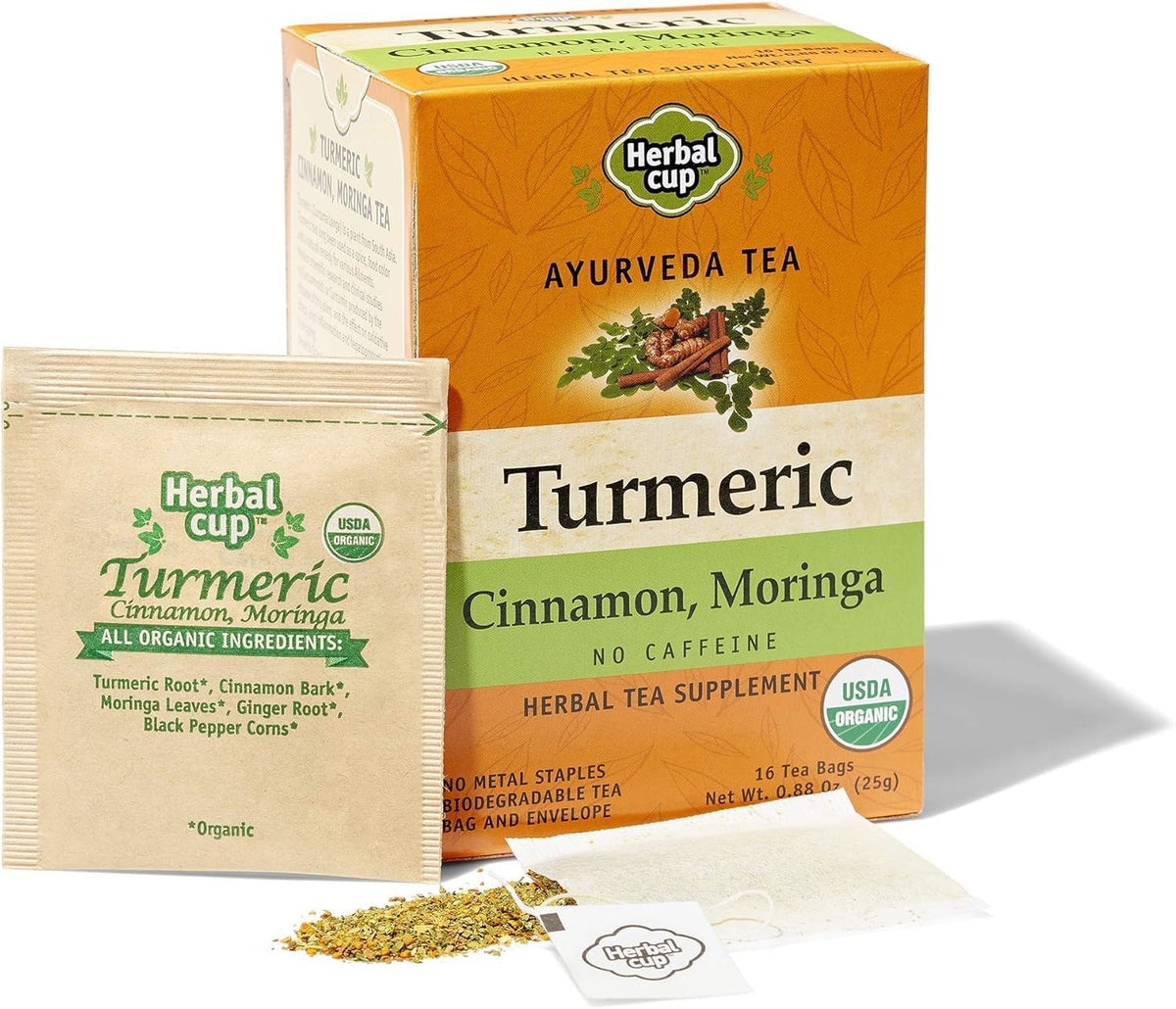 Herbal Cup Ayurveda Turmeric Tea, Organic Cinnamon Moringa, No Caffeine Herbal Supplement (16 Count, Pack of 3)