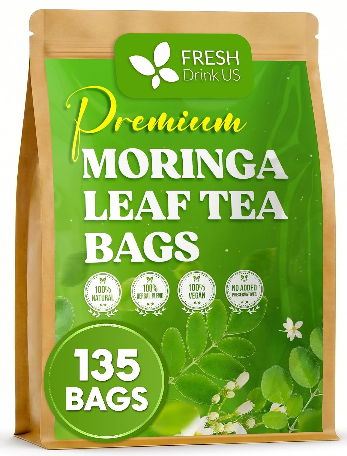 FreshDrinkUS, Premium Moringa Leaf Tea, 135 Count, Pure, Caffeine Free