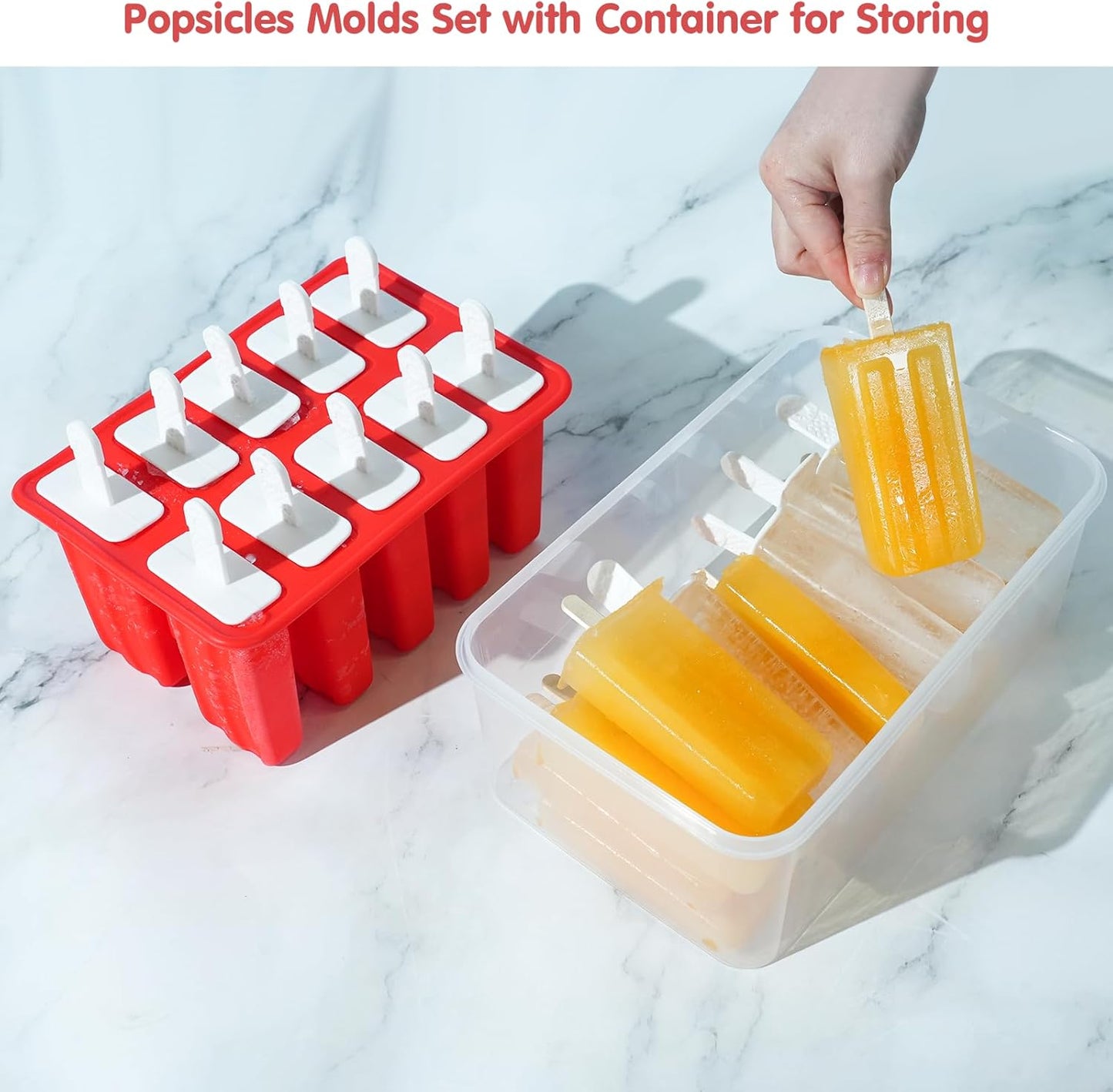 Miaowoof Homemade Popsicle Molds, 10-Cav Non-BPA Silicone Ice Pop Maker, with 50 Sticks, 50 Bags, 10 Reusable Sticks, Funnel, Brush and Ice Pop Recipe (Red)