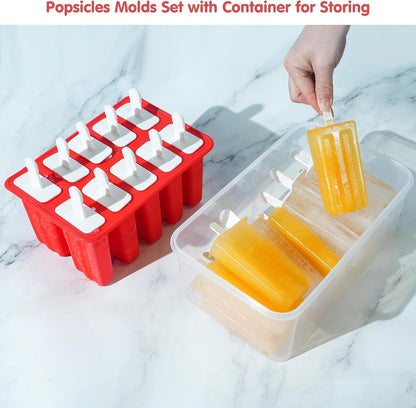 Miaowoof Homemade Popsicle Molds, 10-Cav Non-BPA Silicone Ice Pop Maker, with 50 Sticks, 50 Bags, 10 Reusable Sticks, Funnel, Brush and Ice Pop Recipe (Red)