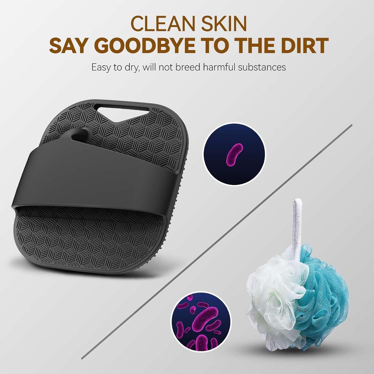Silicone Body Scrubber for Men Women, Friendly Shower Body Scrubber for Sensitive Skin, Silicone Loofahfor Showering with Richer Foam Bristles and Anti-Slippery Handle, Gray