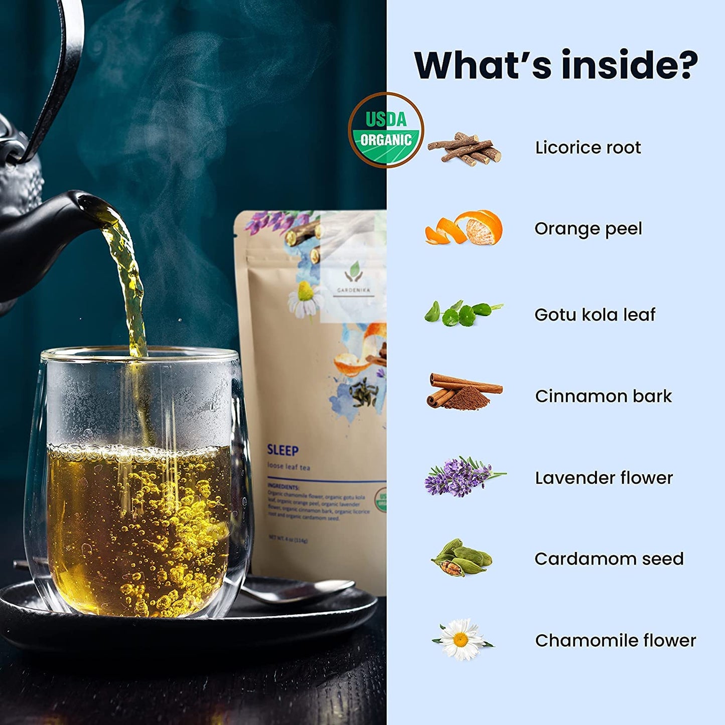 Gardenika Organic Loose Leaf Tea Sampler – 8 Pack, 1 LB – Herbal and Naturally Caffeine-Free Set - Ayurvedic Assortment Blend