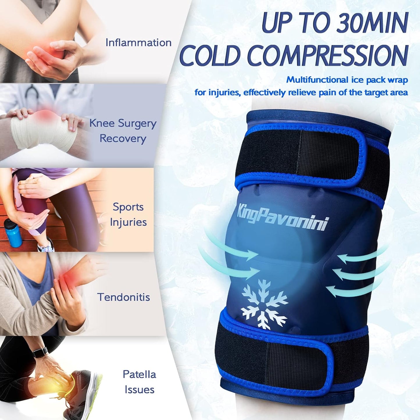 KingPavonini XXL Knee Ice Pack Wrap Around Entire Knee, 1 Pack, Blue