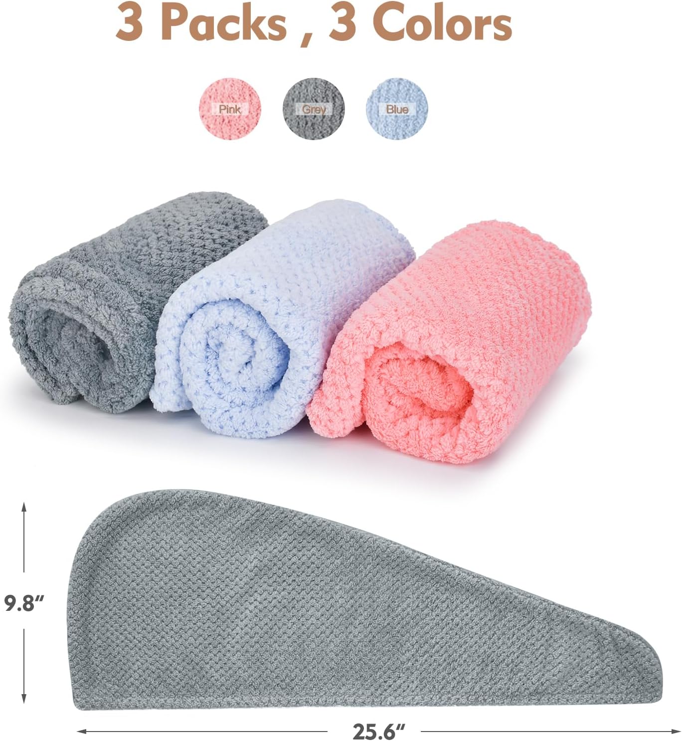 OEAGO Microfiber Hair Towel for Women: Gifts for Teen Girls Kids Girlfriends Wife Stocking Stuffers for Women Drying Wrap Towels for Curly Hair Head Accessories 3 Pacs Anti Frizz